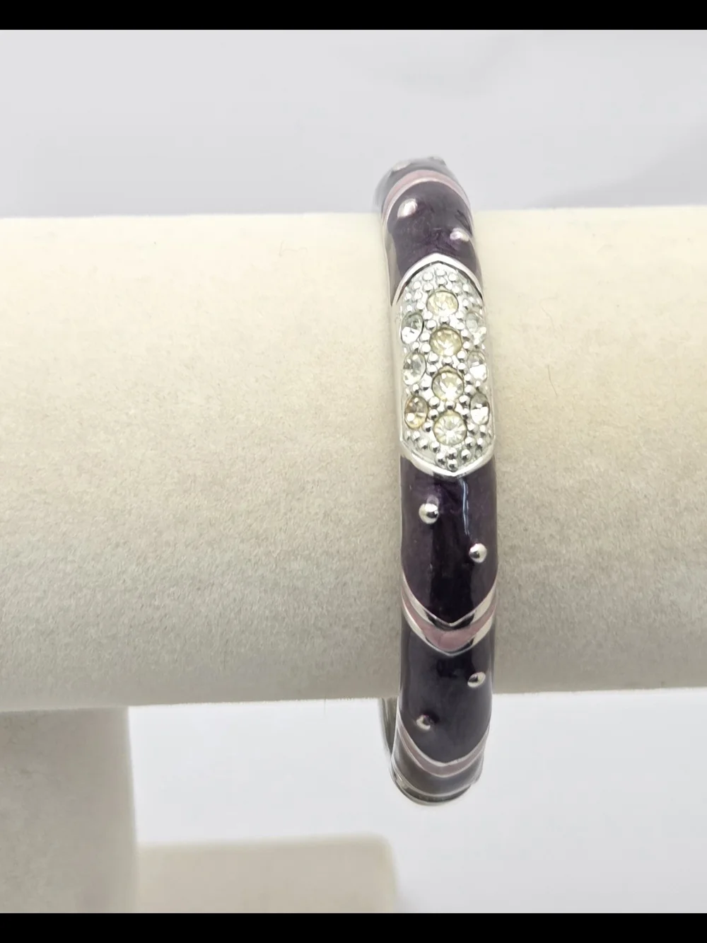 Premier Designs Purple & Pink Enamel Hinged Bangle Silver Tone Rhinestone Accent